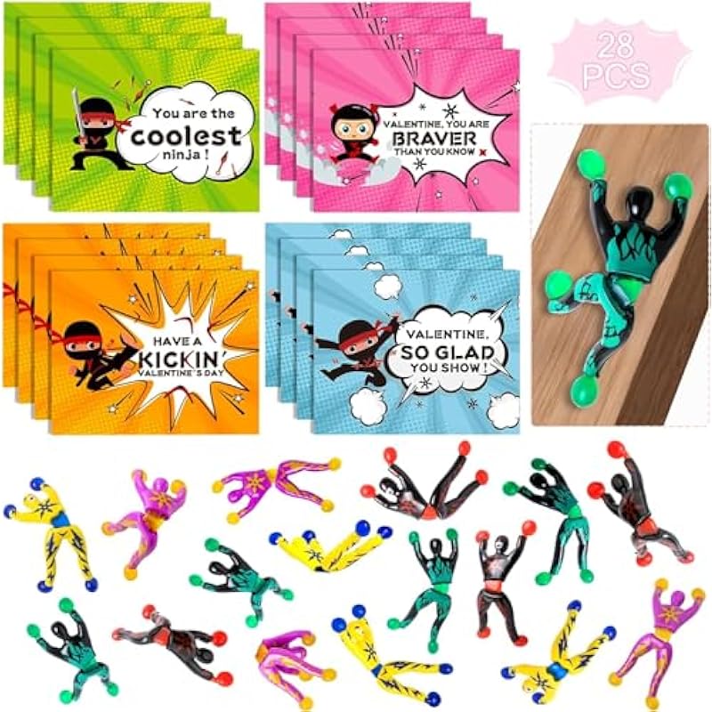 Ultimate Review: 28 Packs Valentines Day Gifts Cards for Kids with Sticky Wall Climbing Men Ninja Set
