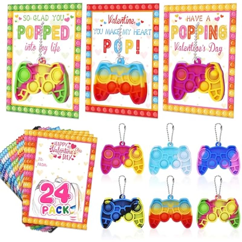 Bamamon 24Pcs Kids Valentines Day Cards & Mini Pop Fidget Keychain: A Valentine's Hit!