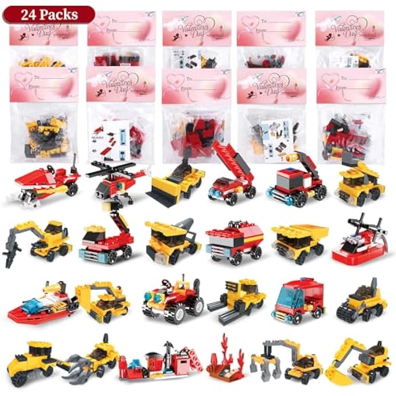 24 Pack Valentines Day Gifts for Kids: Fire Truck and Construction Vehicle Building Blocks Review